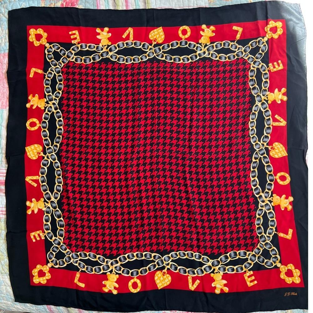 Vintage J G Hook 100% Silk Scarf‎ Red Black LOVE Teddy Bear Houndstooth